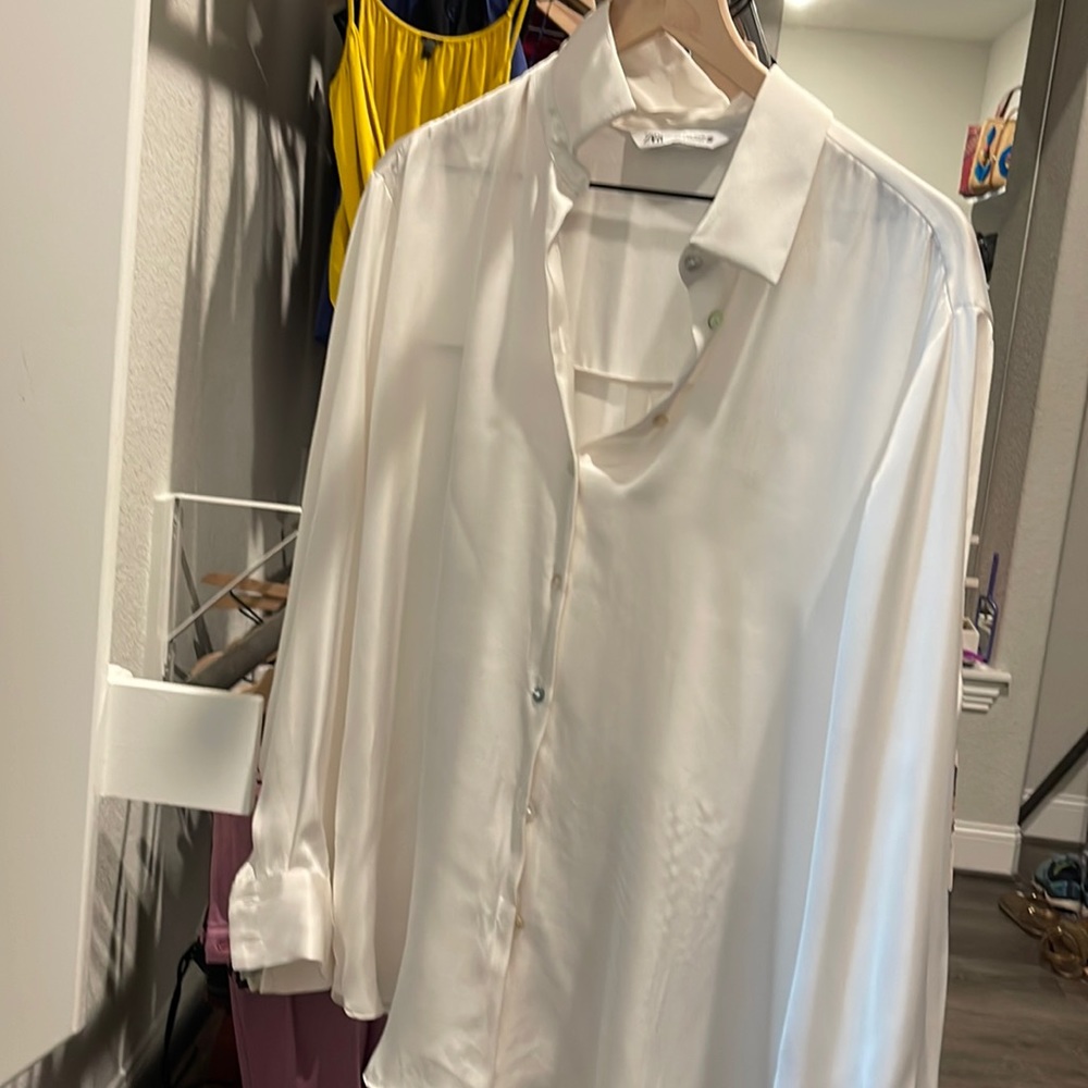 Zara white satin button down blouse Large